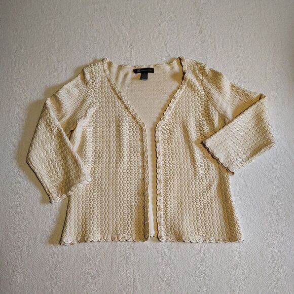 Womens Romantic Coquette Knit Cardigan Size M Cream Pearl Beaded Trim Open Front - Picture 2 of 7